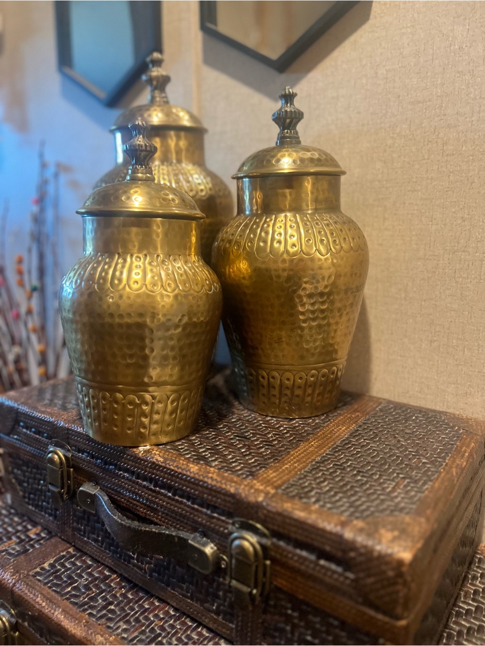 Brass Hammered Decorative Lidded Jar - Gold